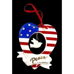 Vtg 2004 Avon Patriotic Heart Ornament Porcelain Ceramic Peace Rhinestones Dove
